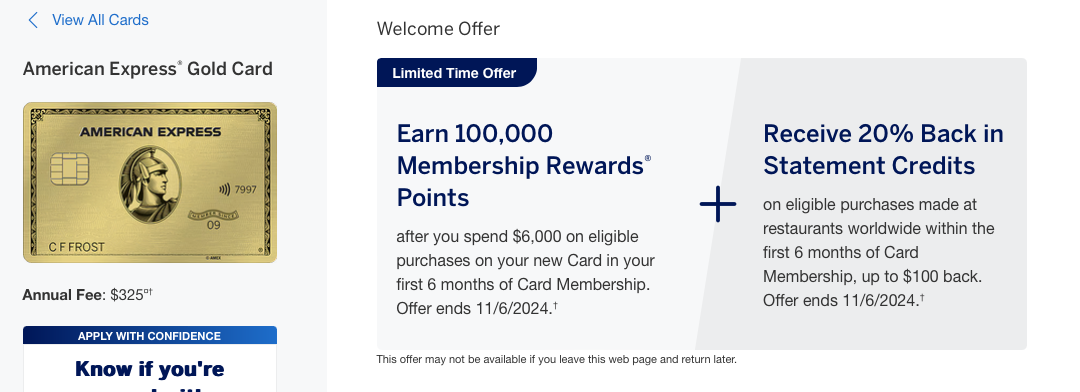 Amex White Gold Card 100K + 20% Back Statement Credit Sign Up Bonus Offer August 2024